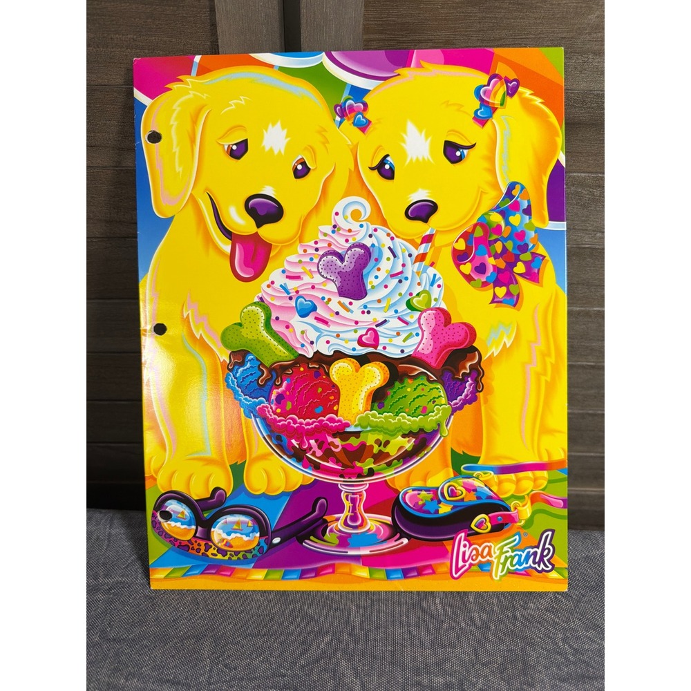 Lisa Frank Folder Casey & Candy Puppy Love Yellow Neon Sundae Vintage 90s Art
